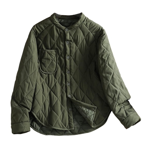 Kilaqueen Quilted Jackets for Women Solid Color Long Sleeve Lightweight Crew Neck Button Down Coats
