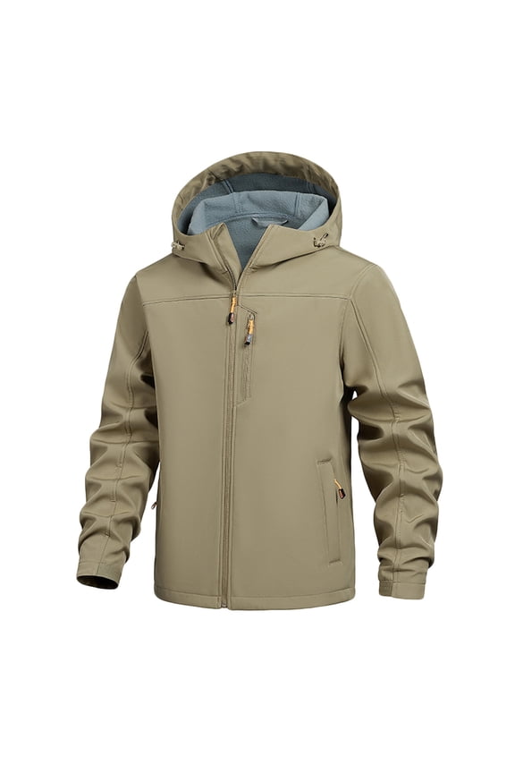 Rain Jacket Men Fleece Lined Long Sleeve Stand Up Collar Hooded Jackets with Pockets Solid Color Waterproof Warm Outdoor Work Hiking Outerwear