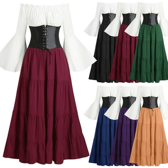 Kilaqueen Retro Renaissance Dress Women Medieval Trumpet Sleeve Girdle Dress Halloween Classical Gowns Prom Stage Dance Party Corset Dress