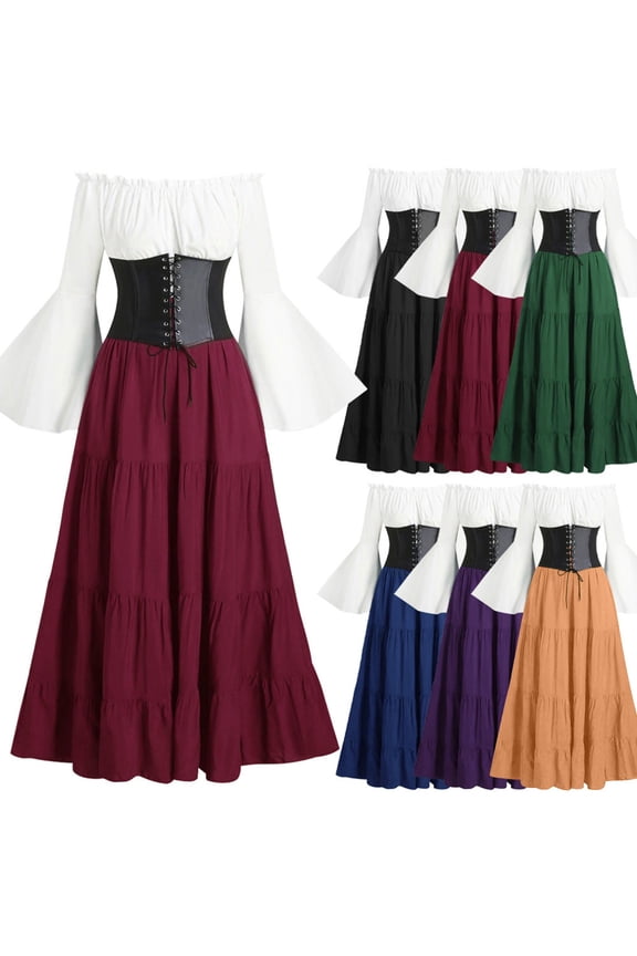 Retro Renaissance Dress Women Medieval Trumpet Sleeve Girdle Dress Halloween Classical Gowns Prom Stage Dance Party Corset Dress
