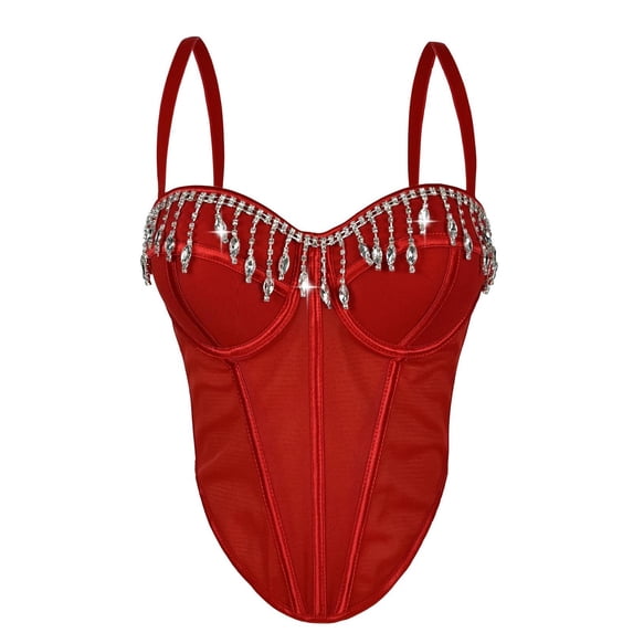 Kilaqueen Rhinestone Corset Top for Women, Spaghetti Strap Bustier with Structured Cups and Fringe Detail, Sparkly Going Out Top for Parties