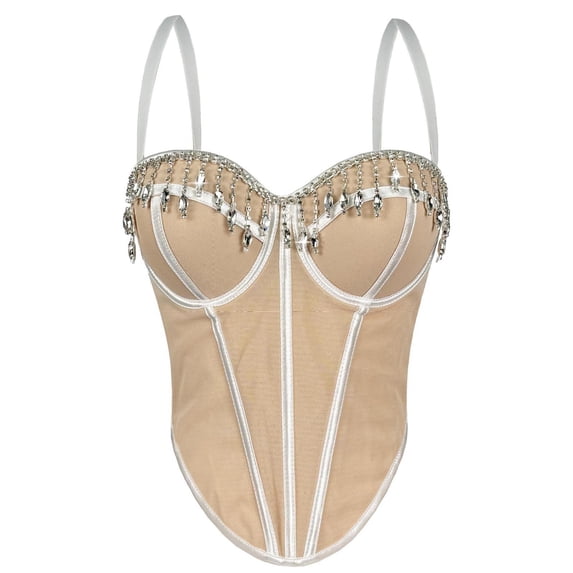 Kilaqueen Rhinestone Corset Top for Women, Spaghetti Strap Bustier with Structured Cups and Fringe Detail, Sparkly Going Out Top for Parties