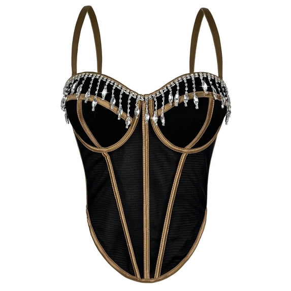 Kilaqueen Rhinestone Corset Top for Women, Spaghetti Strap Bustier with Structured Cups and Fringe Detail, Sparkly Going Out Top for Parties