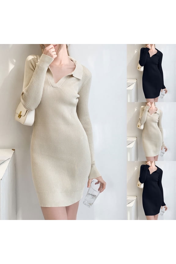 Ribbed Knit Mini Dresses for Women Trendy Bodycon Collared Pullover Sweater Dress Long Sleeve Stretchy Comfy Ladies Fall Winter Clothes