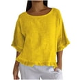thumbnail image 1 of Kilaqueen Round Neck Ruffled Hem 3/4 Sleeve Cotton and Linen Pullover Top Casual Solid Color Lightweight Beach Gauze Shirts, 1 of 8