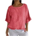 thumbnail image 1 of Kilaqueen Round Neck Ruffled Hem 3/4 Sleeve Cotton and Linen Pullover Top Casual Solid Color Lightweight Beach Gauze Shirts, 1 of 8
