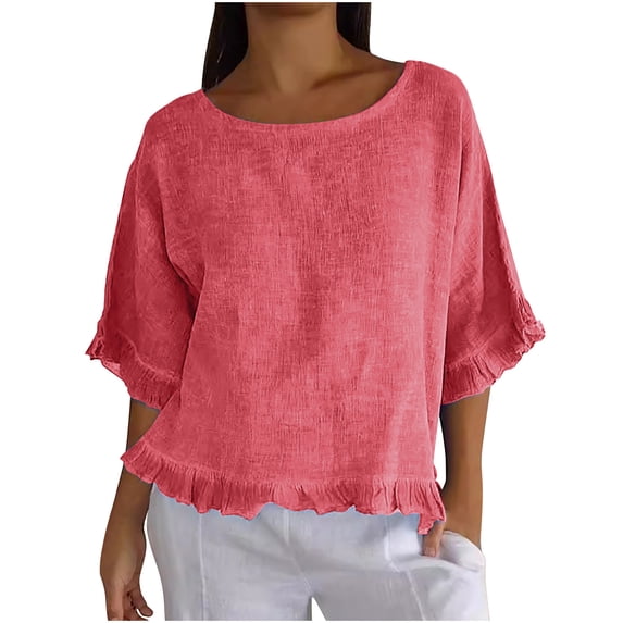 Kilaqueen Round Neck Ruffled Hem 3/4 Sleeve Cotton and Linen Pullover Top Casual Solid Color Lightweight Beach Gauze Shirts