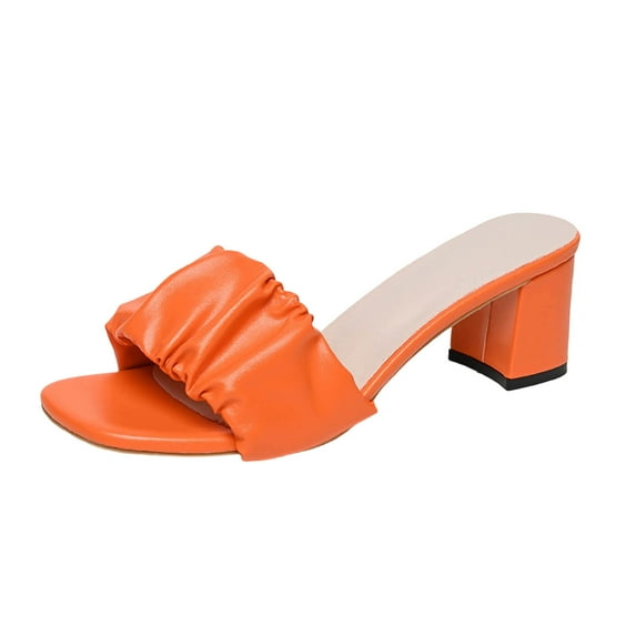 Kilaqueen Sandals Women Square Open Toe Fashion Pleated Chunky Heel Shoes Casual Solid Color Comfort Wedding Dress Mule Sandals