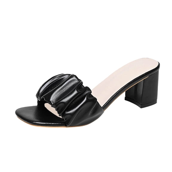 Kilaqueen Sandals Women Square Open Toe Fashion Pleated Chunky Heel Shoes Casual Solid Color Comfort Wedding Dress Mule Sandals