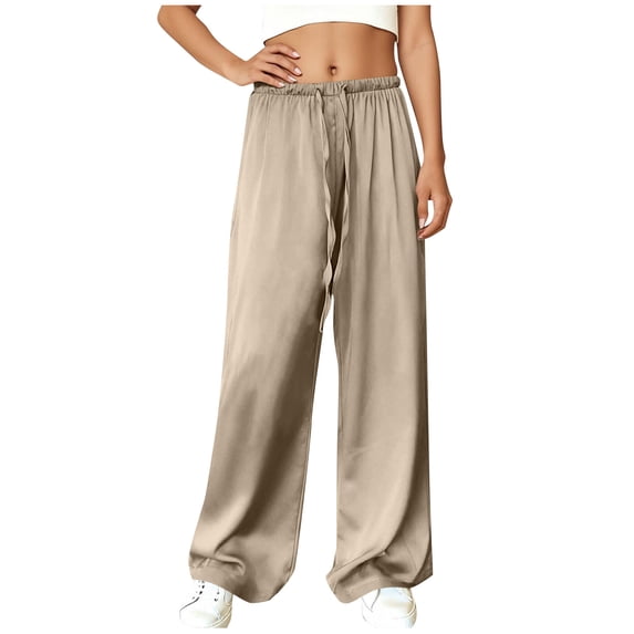 Kilaqueen Satin Pants for Women Drawstring Elastic Waist Flowy Wide Leg Pants Solid Color Stretch Casual Business Work Trousers
