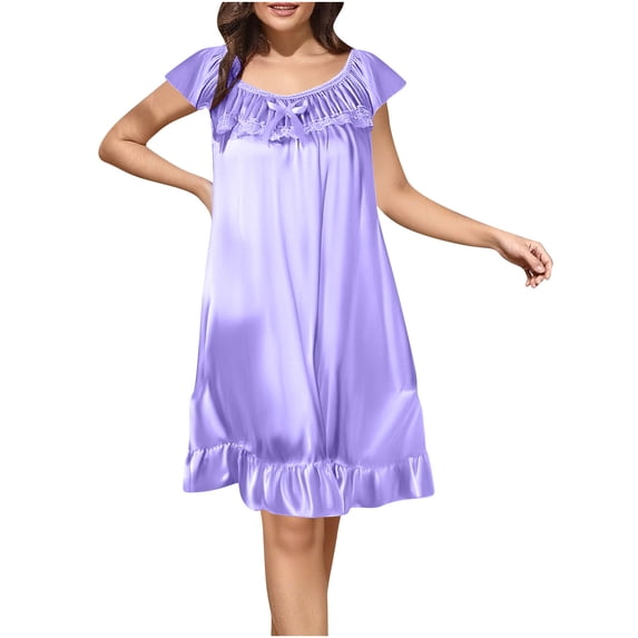 Kilaqueen Satin Womens Nightgowns Pleated Ruffled Short Sleeve Boat Neck Nightdress Solid Color Relaxed Fit Casual Fashion Nightgown