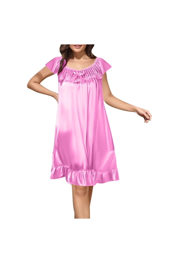 Satin Womens Nightgowns Pleated Ruffled Short Sleeve Boat Neck Nightdress Solid Color Relaxed Fit Casual Fashion Nightgown