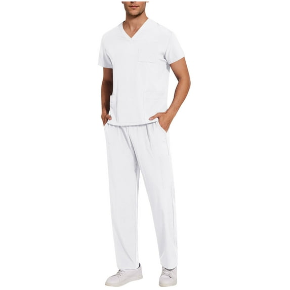 Kilaqueen Scrub Set for Men V-Neck Short Sleeve Side Slit Tops with 3 Pockets and Elasitc Waist Drawstring Solid Color Pants with 4 Pockets