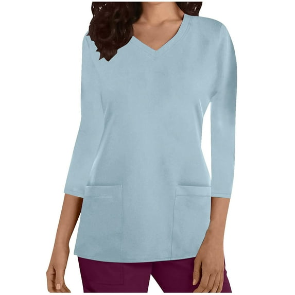 Kilaqueen Scrubs for Women 3/4 Sleeve V Neck Stretchy Medical Nursing Tops with Pockets Solid Color Workwear Uniform Shirts