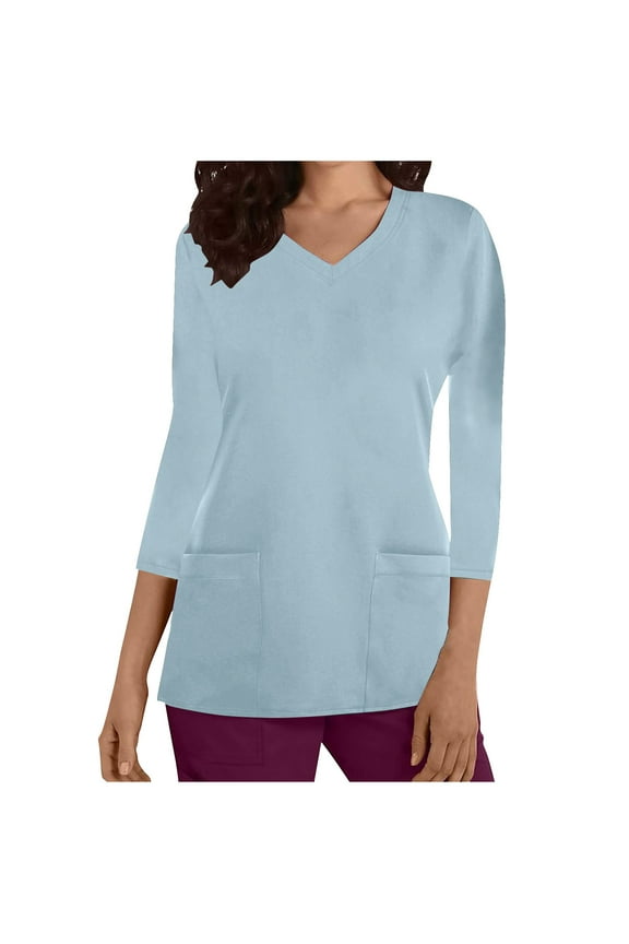 Scrubs for Women 3/4 Sleeve V Neck Stretchy Medical Nursing Tops with Pockets Solid Color Workwear Uniform Shirts
