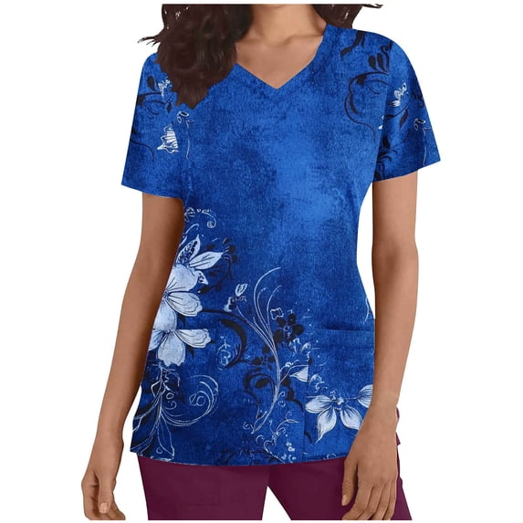 Kilaqueen Scrubs for Women Floral Print V Neck Short Sleeve Everyday Nursing Shirt Casual Relaxed Fit Uniform Shirts