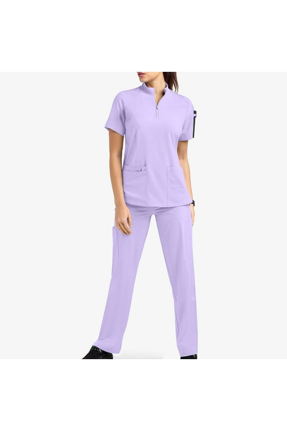 Scrubs for Women Set Short Sleeves Zip V-Neck and Pants with Multi Pocket Wrinkle-Resist Anti-Shrink Nurse Esthetician Workwear