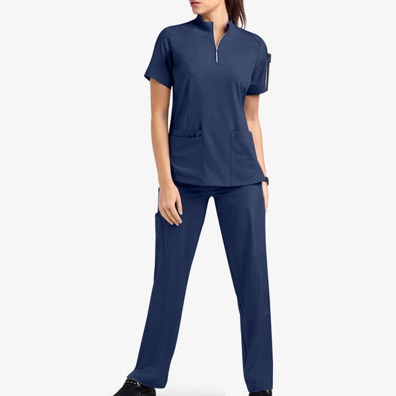 Kilaqueen Scrubs for Women Set Short Sleeves Zip V-Neck and Pants with Multi Pocket Wrinkle-Resist Anti-Shrink Nurse Esthetician Workwear