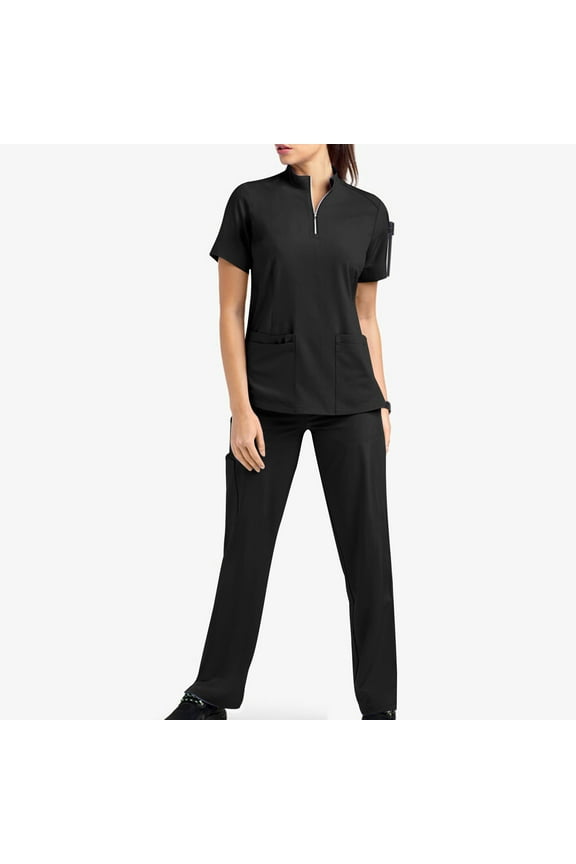 Scrubs for Women Set Short Sleeves Zip V-Neck and Pants with Multi Pocket Wrinkle-Resist Anti-Shrink Nurse Esthetician Workwear