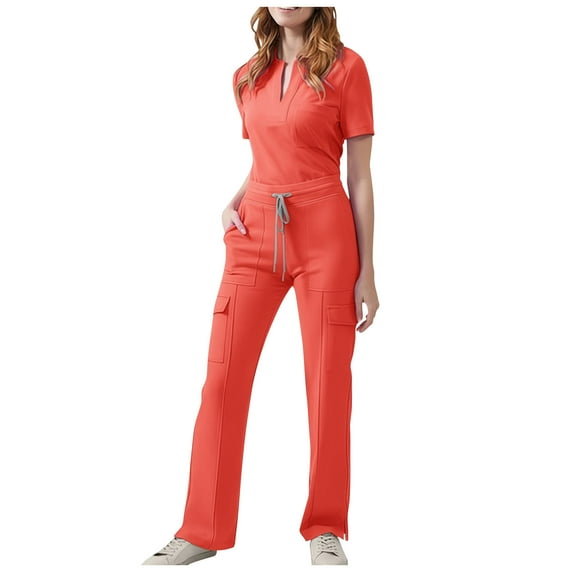 Kilaqueen Scrubs for Women Set V-Neck Short Sleeves Solid Color Nursing Tops and Elastic Drawstring Waist Pants with Multi Pocket
