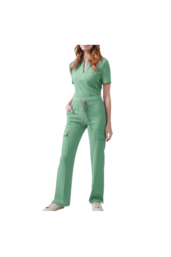 Scrubs for Women Set V-Neck Short Sleeves Solid Color Nursing Tops and Elastic Drawstring Waist Pants with Multi Pocket