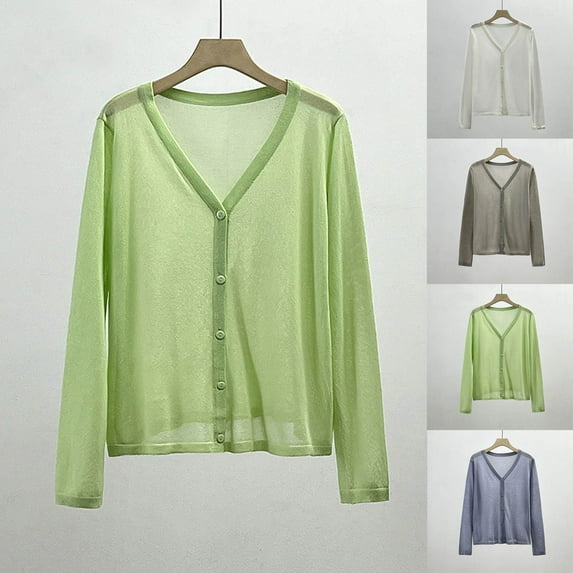 Kilaqueen See through Lightweight Cardigans for Women Vintage Long Sleeve Plus Size Cardigan Loose Fitness Cardigan Sweaters Button Down Blouse Tops