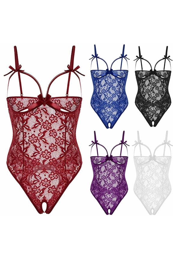 Sexy Hollow Out Lingerie Bodysuit Adjustable Halter One-Piece Teddy Cut Out Babydoll Lingerie Floral Jumpsuit Suit Backless Nightwear