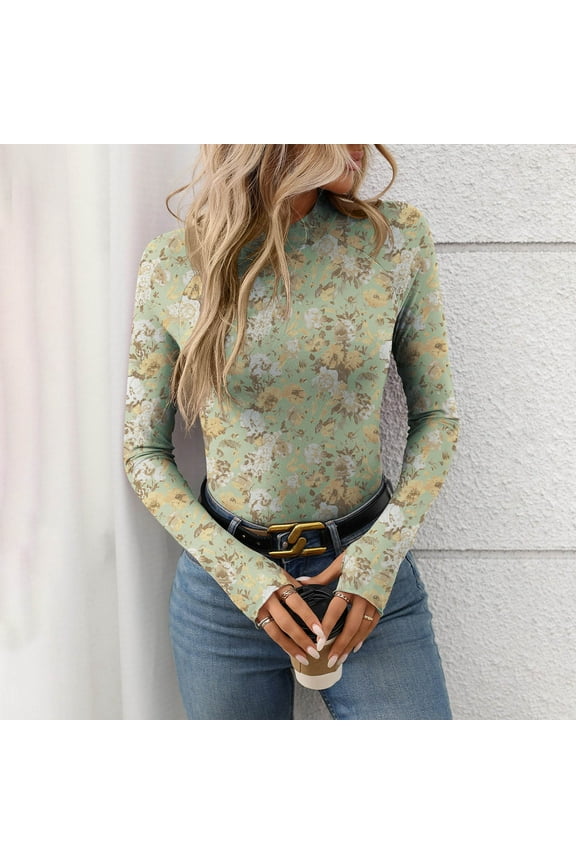 Sexy Mesh Tops for Women Slim Fit Floral Lace Long Sleeve Mock Neck Going Out Tops with Thumb Holes, See Through Shirt Blouses Tops Undershirts Mesh Sheer Layering Tops Party Clubwear