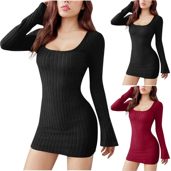 Kilaqueen Sexy Mini Dresses for Women Fashion Square Neck Long Sleeve Ribbed Knit Comfort Slim Bodycon Pencil Dress Stretchy Pullover Sweater Dress