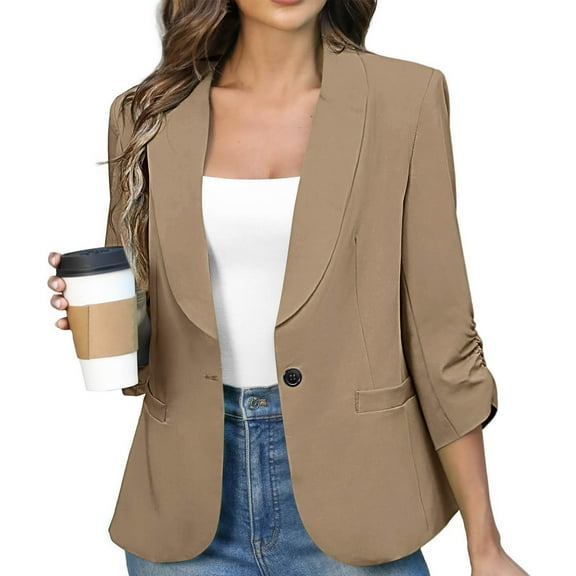 Kilaqueen Shawl Collar Blazers for Women Dressy Casual Work Ruched 3/4 Sleeve Open Front One Button Suit Jackets with Pockets Lightweight Cardigans