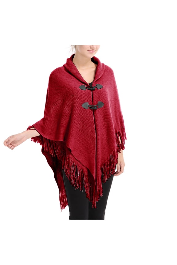 Shawl Wraps for Women with Hooded Trumpet Button Fringe Tassel Pullover Wrap Solid Color Trendy Poncho Cape for Fall Winter