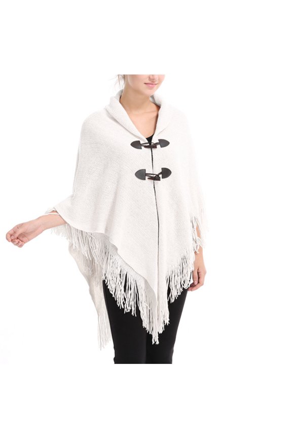 Shawl Wraps for Women with Hooded Trumpet Button Fringe Tassel Pullover Wrap Solid Color Trendy Poncho Cape for Fall Winter
