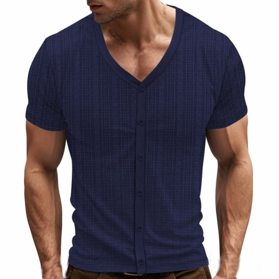 Kilaqueen Shirts for Men Short Sleeve V Neck Muscle Button Down Dress Shirts Casual Solid Color Stretch Summer Beach Tops