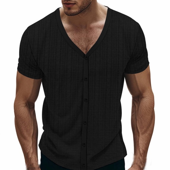 Kilaqueen Shirts for Men Short Sleeve V Neck Muscle Button Down Dress Shirts Casual Solid Color Stretch Summer Beach Tops