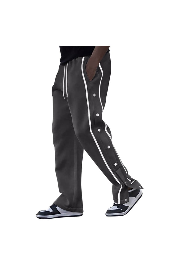 Side Button Men's Pants Elastic Waist Y2K Side Striped Split Wide Leg Straight Pants Casual Workout Post-Surgery Tear Away Trousers