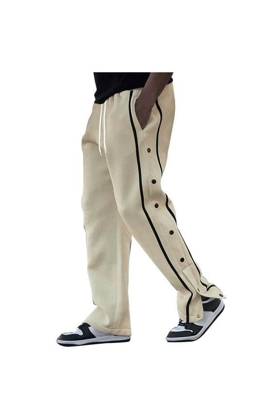Side Button Men's Pants Elastic Waist Y2K Side Striped Split Wide Leg Straight Pants Casual Workout Post-Surgery Tear Away Trousers