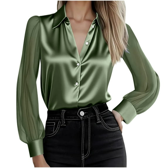 Kilaqueen Silk Satin Long Sleeve Shirts for Women V Neck Button Down Blouse Dressy Business Office Work Lapel Tops
