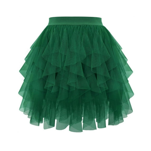 Kilaqueen Skirts for Women Tulle Mesh Elastic Waist Pleated Mini Skirt Solid Color Tiered Party Trendy Tutus