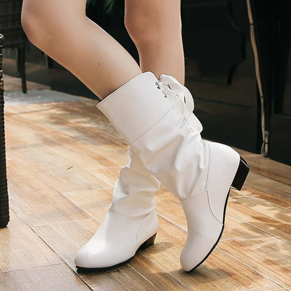 Kilaqueen Slouchy Boots for Women Wide Calf Fashion Low Block Heel Round Toe Classic Fall Winter Mid-Calf Booties Faux Leather Casual Walking Shoes Lace Up Vintage Ruched Western Ankle Boots
