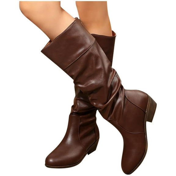 Kilaqueen Slouchy Knee High Boots for Women Wide Calf Pull On Chunky Low Heel Riding Boots Faux Leather Comfortable Dressy Casual Boots for Fall Winter Spring