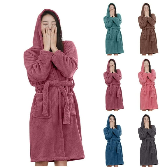 Kilaqueen Soft Cozy Fleece Robes for Women Short Plush Robes for Womens With Hood Soft Spa Bathrobe with Pockets Warm Nightgown Loungewear