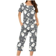 KILAQUEEN Soft Fall Pajamas for Women Trendy Spooky Pattern Halloween Pajamas 2-Piece Lounge Sleepwear with Pockets Plus Size Short Sleeve Pajama Sets