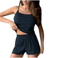 thumbnail image 1 of Kilaqueen Solid Color Pajama Set Women Sleeveless Casual Spaghetti Strap U Neck Waist Drawstring Short Knit Lounge Set 2 Piece Outfits, 1 of 5