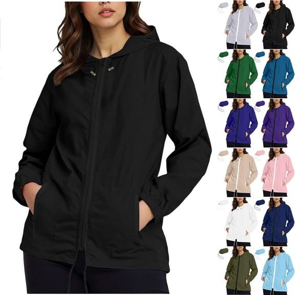 Kilaqueen Solid Color Rain Coats for Women Waterproof Lightweight Rain Jackets with Zip Pockets Outdoor Trench Coat Hooded Windbreaker Jacket