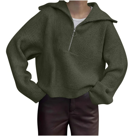 Kilaqueen Solid Color Women's Sweaters Long Sleeve Zip Lapel Ribbed Knit Pullover Tops 2025 Trendy Fall WInter Warm Sweater