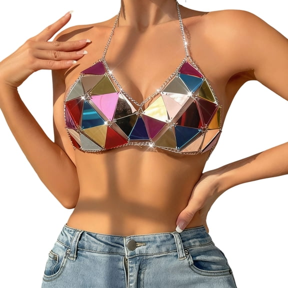 Kilaqueen Sparkly Sequin Bras for Women Spaghetti Strap Halter V Neck Bikini Tops Fashion Sexy Club Party Festival Outfits