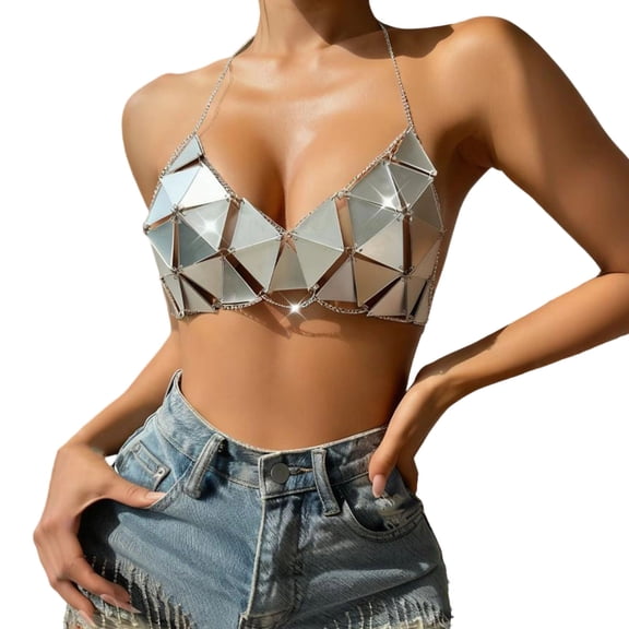 Kilaqueen Sparkly Sequin Bras for Women Spaghetti Strap Halter V Neck Bikini Tops Fashion Sexy Club Party Festival Outfits