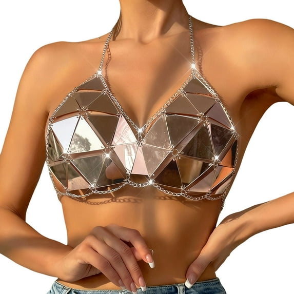 Kilaqueen Sparkly Sequin Bras for Women Spaghetti Strap Halter V Neck Bikini Tops Fashion Sexy Club Party Festival Outfits
