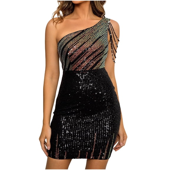 Kilaqueen Sparkly Sequin Womens Dresses One Shoulder Cocktail Mini Dresses Club Party Prom Evening Dress