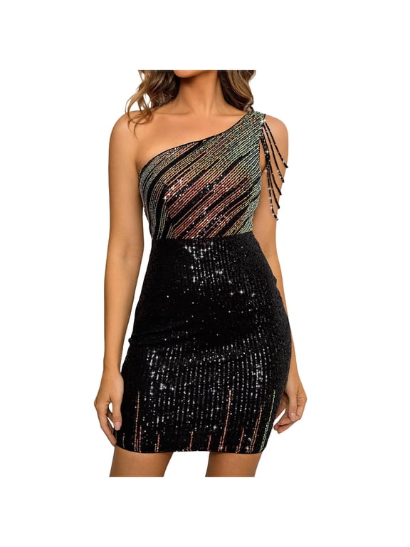 Sparkly Sequin Womens Dresses One Shoulder Cocktail Mini Dresses Club Party Prom Evening Dress